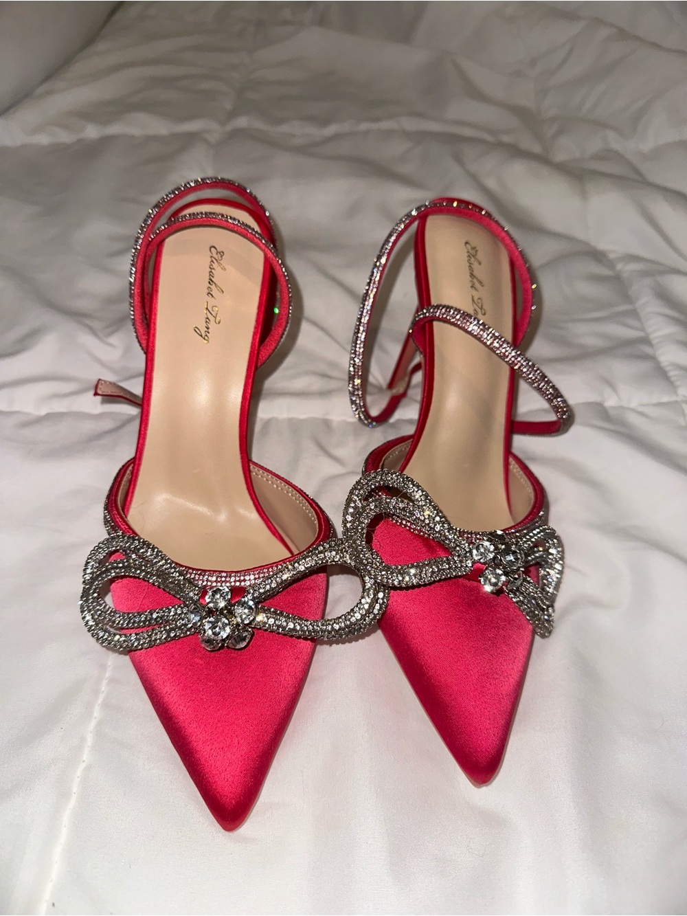 Elegant Red Satin Pointed-Toe Heels with Crystal Bow